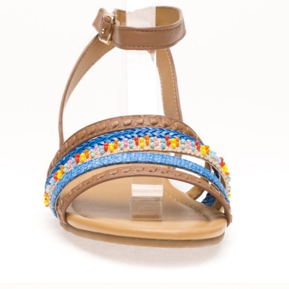 JACK ROGERS Hannah tan & Blue Braided Beaded Sandal 6.5M Gladiator Ankle Wrap